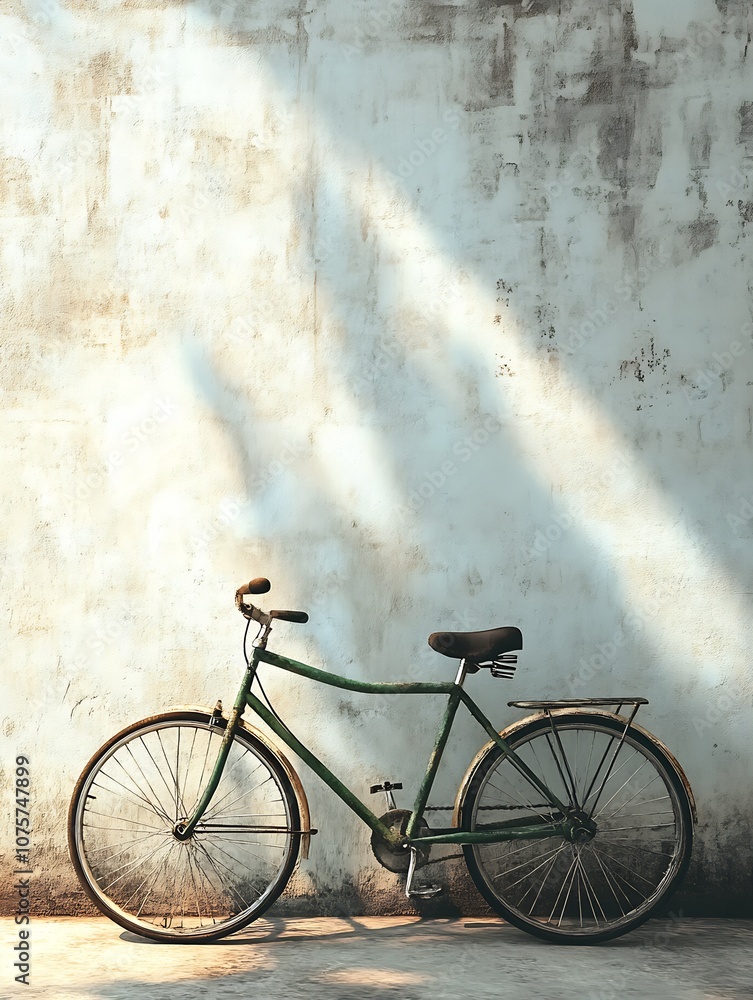 Obraz premium Vintage Green Bicycle Leaning Against Rustic Wall in Sunlit Ambiance : Generative AI
