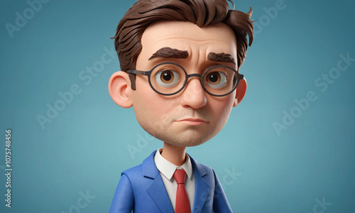 A cartoon man with glasses and a blue suit looks at the camera with a serious expression