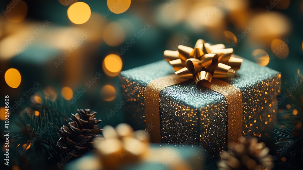 Elegant Christmas Gift Box with Golden Ribbon and Glowing Lights Bokeh Effect : Generative AI Elegant Christmas Gift Box with Golden Ribbon and Glowing Lights Bokeh Effect : Generative AI