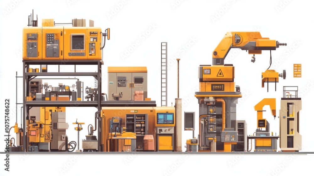 Heavy duty factory background featuring welding machines, tools, and assembly lines, isolated on white Heavy duty factory background featuring welding machines, tools, and assembly lines, isolated on white