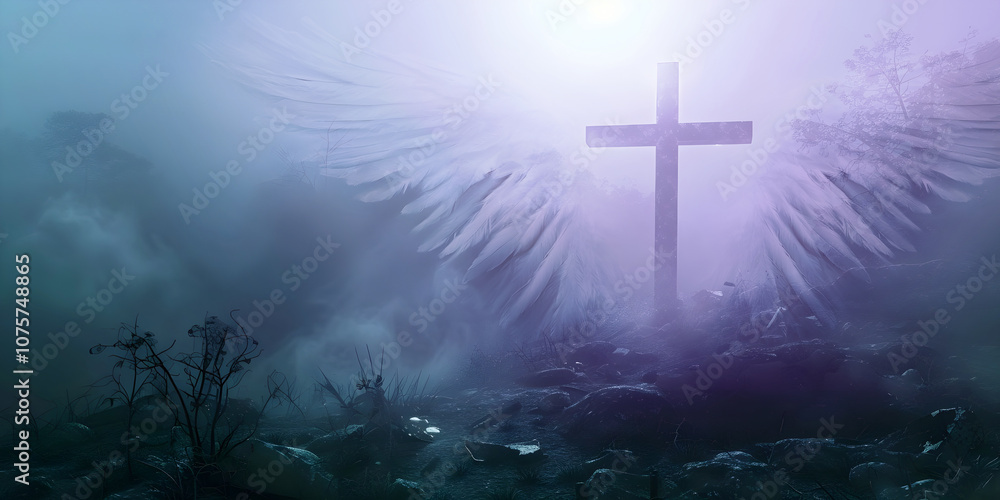 Angel Wings and symbolic cross - misty blue and purple cloud background with white light above a thin cross surrounded by angelic wings with copy space for spiritual religious message
Angel Wings and symbolic cross - misty blue and purple cloud background with white light above a thin cross surrounded by angelic wings with copy space for spiritual religious message