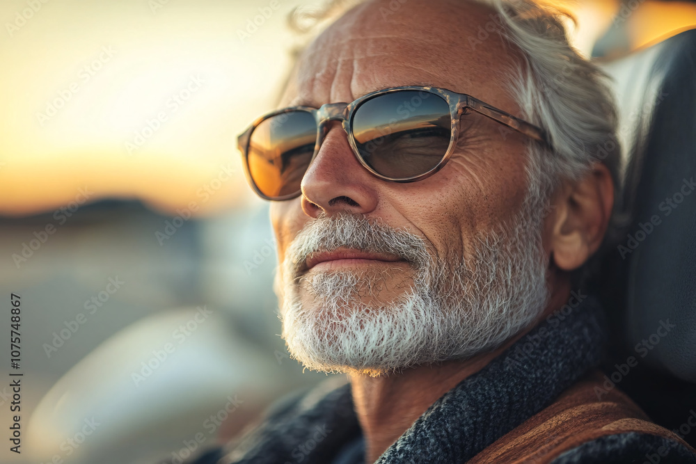Portrait of a happy older man with gray beard and sunglasses, enjoying summer outdoors. Portrait of a happy older man with gray beard and sunglasses, enjoying summer outdoors.