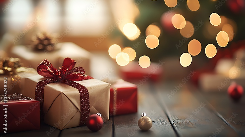 Christmas Gifts with Red Ribbons and Bokeh Lights Creating Festive Ambience : Generative AI Christmas Gifts with Red Ribbons and Bokeh Lights Creating Festive Ambience : Generative AI