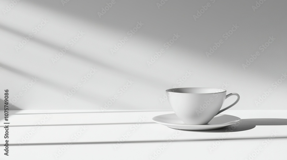 A white cup rests atop a saucer positioned atop a white table, adjacent to a wall cast in shadow A white cup rests atop a saucer positioned atop a white table, adjacent to a wall cast in shadow