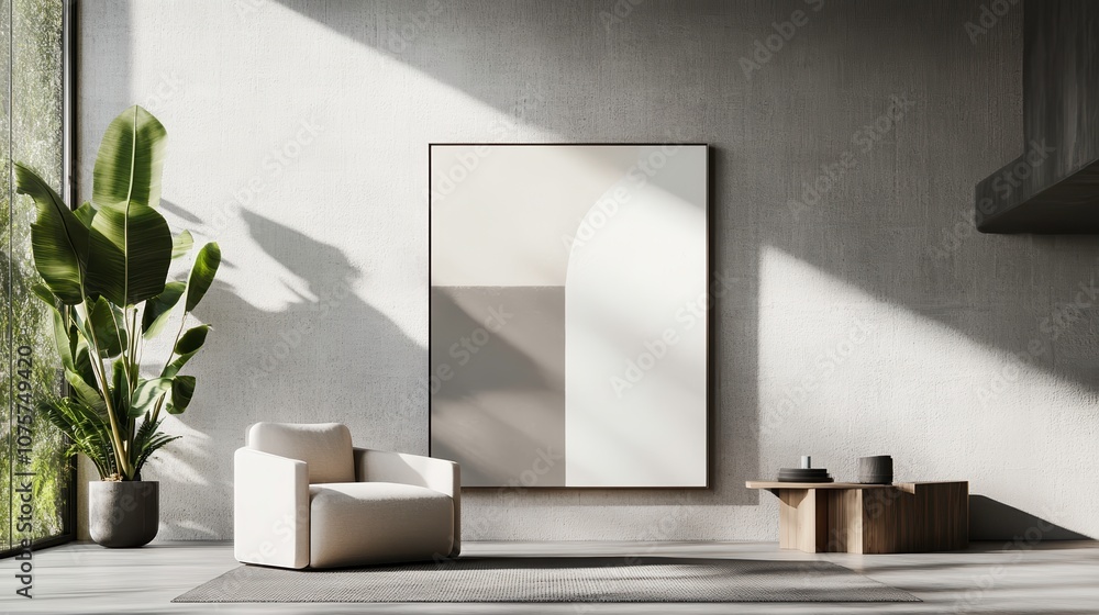 Fototapeta premium Minimalist living room with large abstract painting and plant