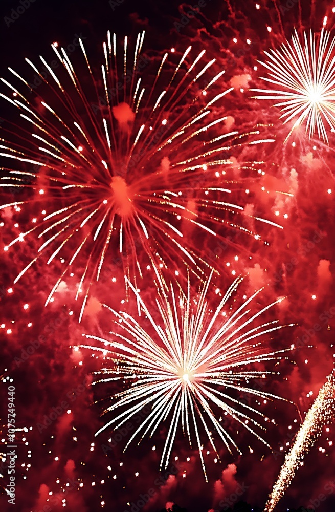 Dazzling Red Fireworks of Various Shapes Illuminating a Dark Sky : Generative AI Dazzling Red Fireworks of Various Shapes Illuminating a Dark Sky : Generative AI
