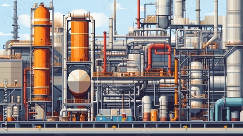 Industrial background with pipes, tanks, and factory equipment in a large manufacturing plant