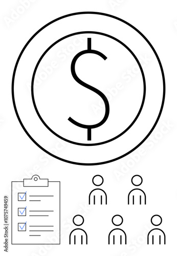 Dollar sign symbol in circle represents financial management. Checklist with tick marks emphasizes organization. Five team member icons illustrate collaboration. Ideal for finance, business photo