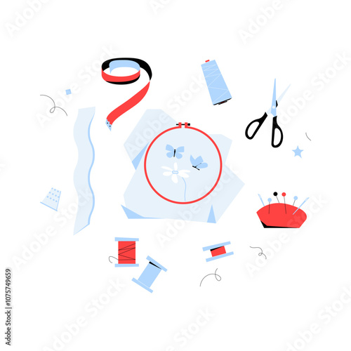 Sewing Supplies Including Embroidery Hoop, Scissors, Thread, And Needle In Flat Vector Illustration Symbolizing Creativity, Crafting, And Textile Art, Isolated On White Background