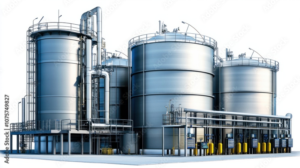 Industrial facility with large storage tanks, pipelines, and control panels, isolated on white Industrial facility with large storage tanks, pipelines, and control panels, isolated on white