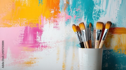 Artistic workspace with colorful paint and brushes in cup