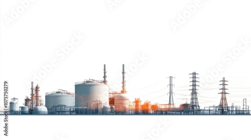 Industrial landscape with chemical plants, storage tanks, and power lines, isolated on white