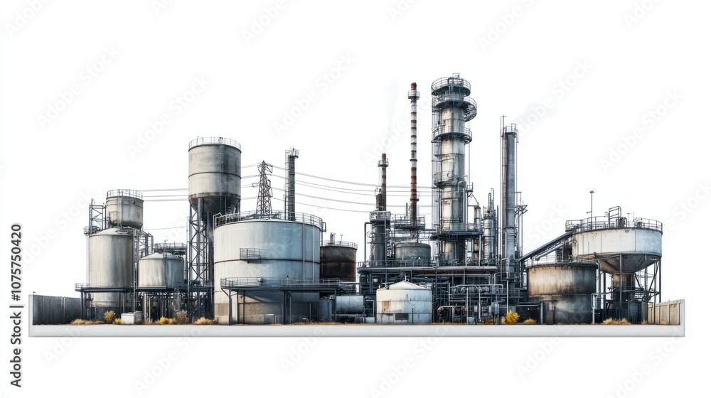 Industrial landscape with chemical plants, storage tanks, and power lines, isolated on white Industrial landscape with chemical plants, storage tanks, and power lines, isolated on white