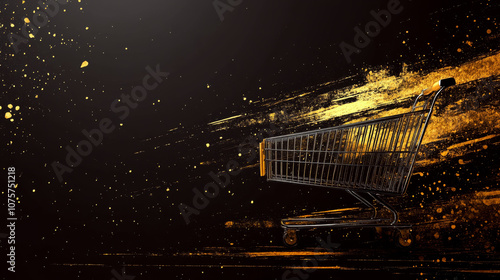 Shopping cart on a dark background with gold paint splashes. Concept of shopping and luxury.