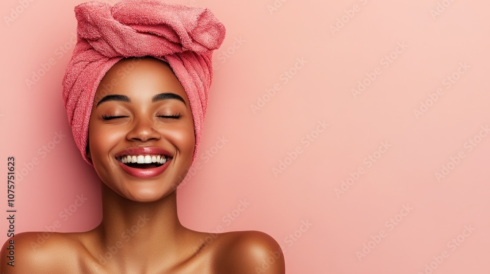 A smiling woman with a pink towel on her head against a pastel background, exuding joy. A smiling woman with a pink towel on her head against a pastel background, exuding joy.
