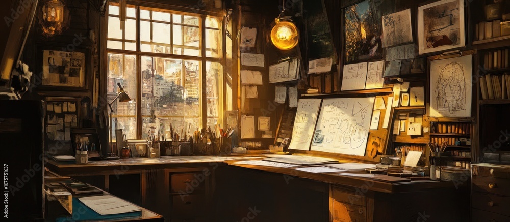 A messy artist's studio with large windows overlooking a city street. The space is filled with appliances, fixtures, and art, and natural light comes in through the windows A messy artist's studio with large windows overlooking a city street. The space is filled with appliances, fixtures, and art, and natural light comes in through the windows