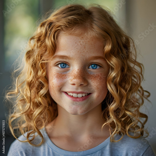 A close portrait of a freckle-faced 6-year-old girl, her orange-blonde curls resting on her shoulders. She gazes at the camera with bright blue eyes and a sweet smile, set against a subtly blurred mir photo