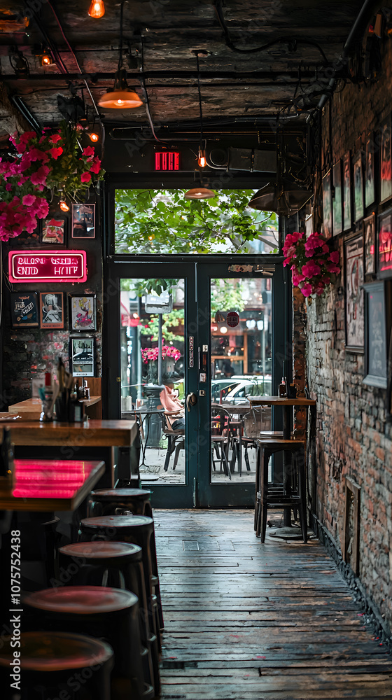 Fototapeta premium Cozy Rustic Bar and Restaurant Interior with Wooden Floor and Brick Wall Ambiance