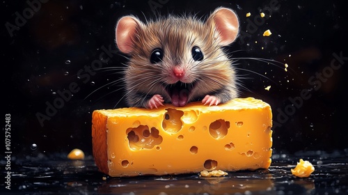 A Joyful Mouse Enjoys a Chunk of Delicious Cheese photo