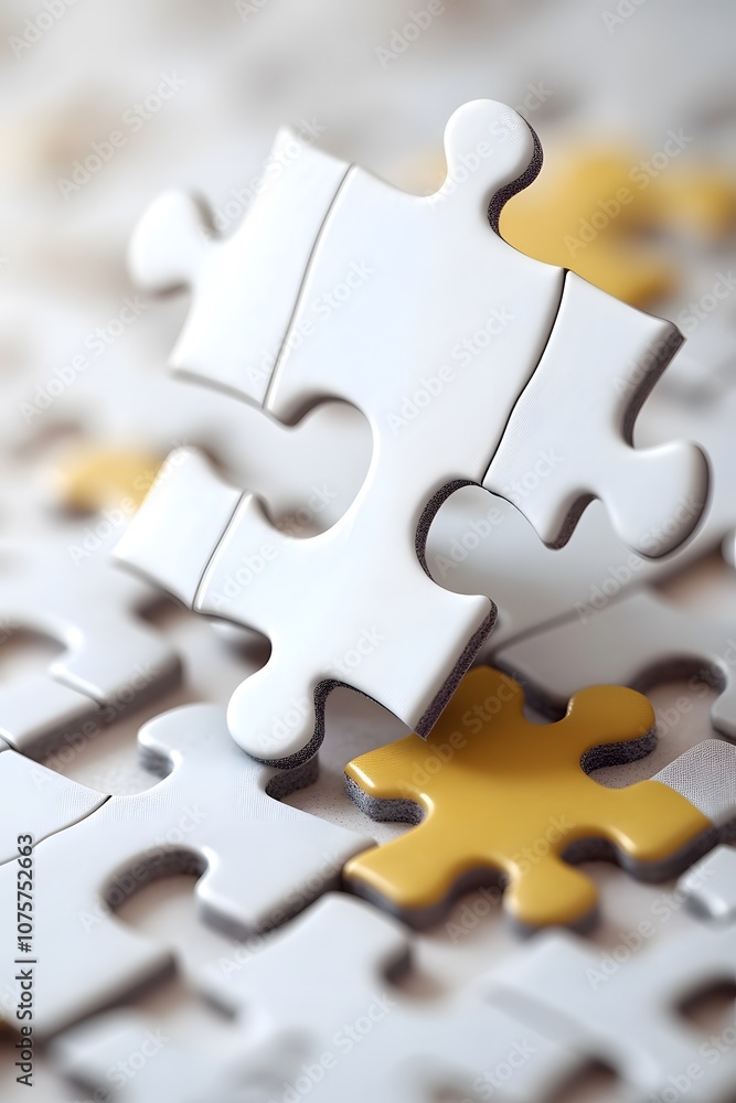 Fototapeta premium A close-up of white puzzle pieces with one yellow piece, symbolizing problem-solving.