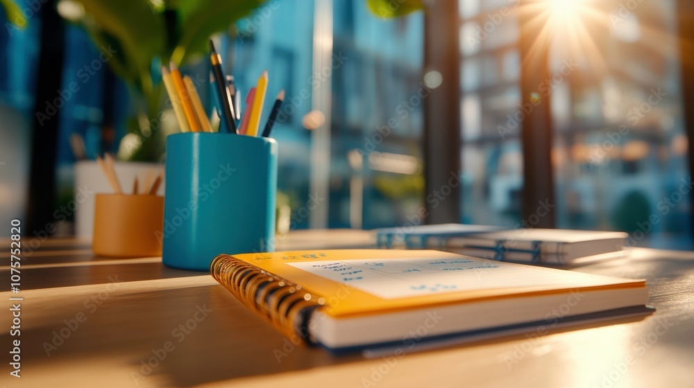 bright workspace with notebook, pens, and plants, creating productive atmosphere bright workspace with notebook, pens, and plants, creating productive atmosphere