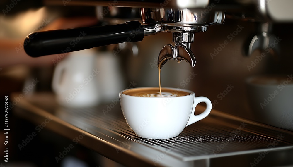 Close-Up of Freshly Brewed Espresso Pouring into White Ceramic Cup in Cafe : Generative AI Close-Up of Freshly Brewed Espresso Pouring into White Ceramic Cup in Cafe : Generative AI