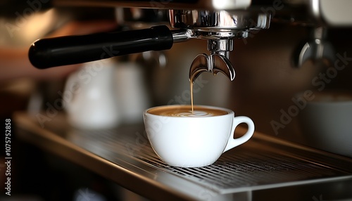 Close-Up of Freshly Brewed Espresso Pouring into White Ceramic Cup in Cafe : Generative AI