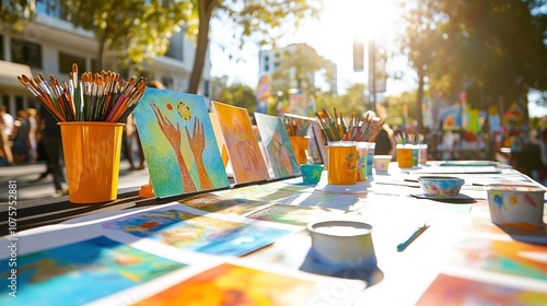 Artistic display of colorful paintings and brushes in sunlight photo
