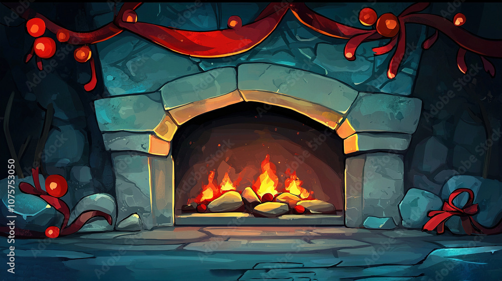 An illustration of a fireplace with red ribbons on the mantle and the top An illustration of a fireplace with red ribbons on the mantle and the top