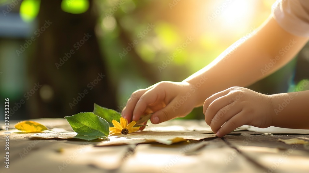 child gently arranging leaves and flowers in serene outdoor setting child gently arranging leaves and flowers in serene outdoor setting
