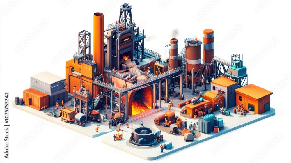 Steel plant with molten metal, furnaces, and industrial workers handling materials, isolated on white Steel plant with molten metal, furnaces, and industrial workers handling materials, isolated on white