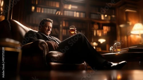 sophisticated gentleman in tailored suit enjoys drink in luxurious setting