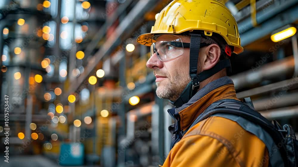 A worker in safety gear stands in an industrial setting, reflecting on his surroundings. A worker in safety gear stands in an industrial setting, reflecting on his surroundings.
