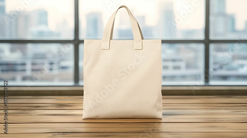 A minimalist white tote bag stands on a wooden surface, with a city skyline visible through a large window in the background. photo