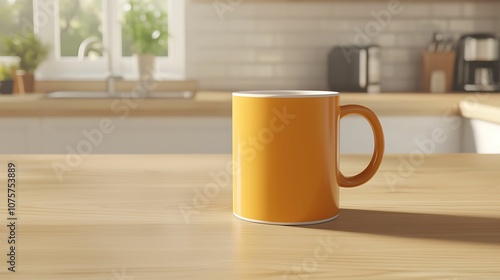 A vibrant yellow mug sits on a wooden table in a bright kitchen, capturing a cozy, inviting morning atmosphere.