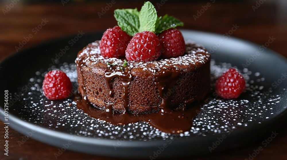 A black plate holds a chocolate cake topped with raspberries A black plate holds a chocolate cake topped with raspberries