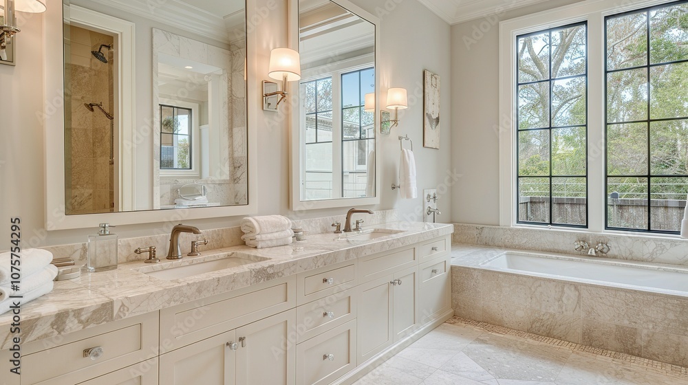Modern Bathroom with Marble Vanity, Large Window, and Bathtub Modern Bathroom with Marble Vanity, Large Window, and Bathtub