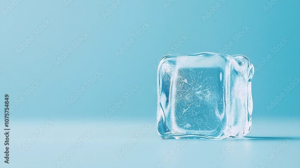 A square ice block sits atop a blue table, adjacent to a glass bottle of water against a light blue backdrop A square ice block sits atop a blue table, adjacent to a glass bottle of water against a light blue backdrop
