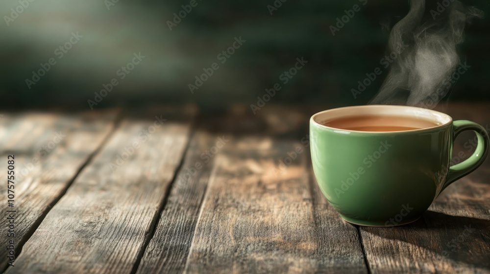 A close-up of a steaming green mug resting on a rustic wooden table with a soft-focus background, capturing a cozy and warm atmosphere for coffee lovers. A close-up of a steaming green mug resting on a rustic wooden table with a soft-focus background, capturing a cozy and warm atmosphere for coffee lovers.