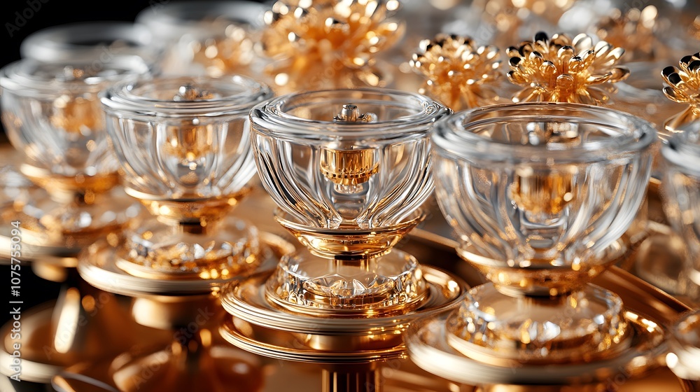 A close-up of ornate glass containers with golden accents, possibly for luxury display. A close-up of ornate glass containers with golden accents, possibly for luxury display.