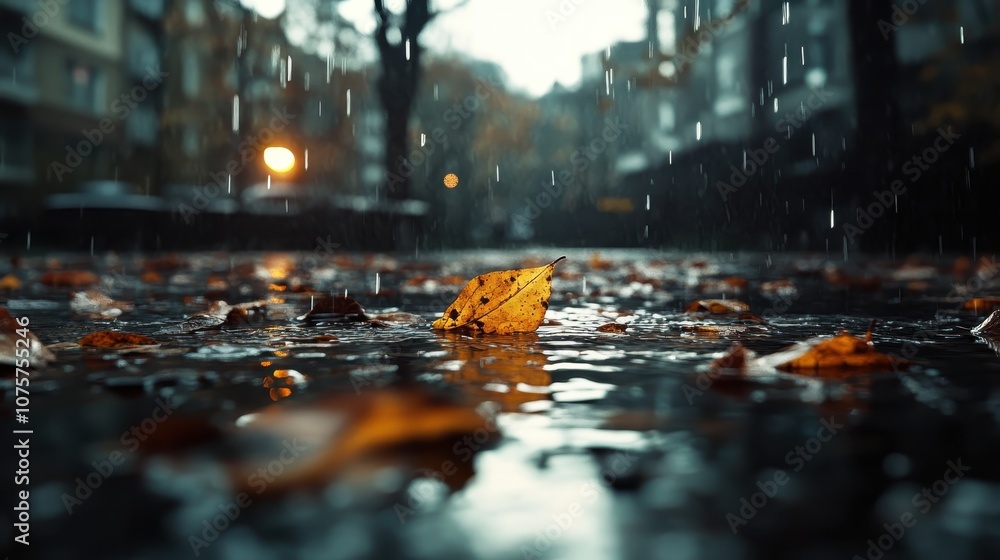 A lone autumn leaf rests on wet pavement as rain falls. The urban setting with backdrop of blurred city lights evokes solitude and the beauty of simple moments. A lone autumn leaf rests on wet pavement as rain falls. The urban setting with backdrop of blurred city lights evokes solitude and the beauty of simple moments.