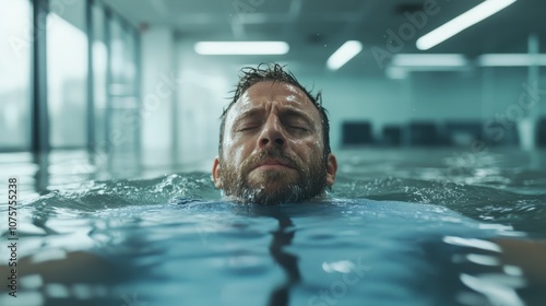 A man in a swimming pool with closed eyes exudes calmness and relaxation, capturing a peaceful moment of tranquility and escape in a modern aquatic setting. photo