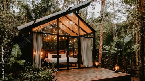   A cozy cabin nestled amidst a dense forest  featuring a centrally located bed and ceiling-mounted lights