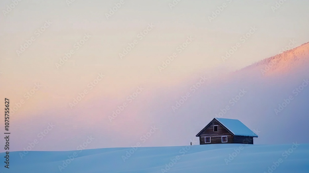 A house in a snow-covered field with a mountain in the background A house in a snow-covered field with a mountain in the background
