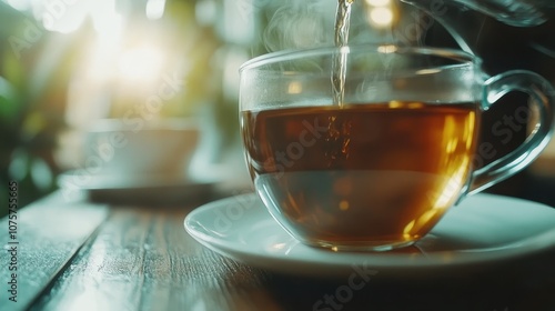 A warm beam of sunlight illuminates a clear tea cup resting on a wooden table, capturing a moment of simplicity and comfort with rich shadows and a serene atmosphere. photo