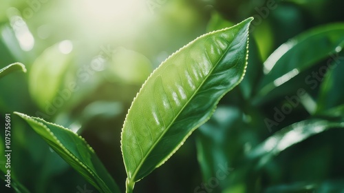 A sunlit green tea leaf is captured in a detailed close-up, highlighting the intricate textures and vibrant greens that reflect both life and nature's artistry. photo