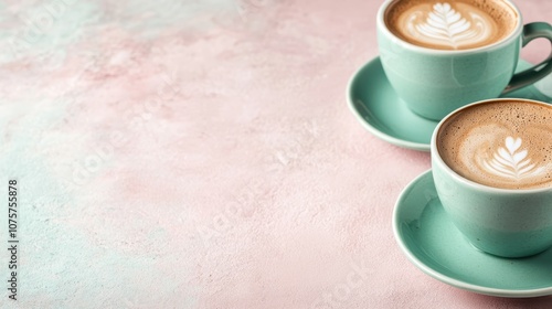 Two cups of steaming lattes, each topped with intricate latte art, are served in matching teal cups and saucers against a softly textured pink background. photo