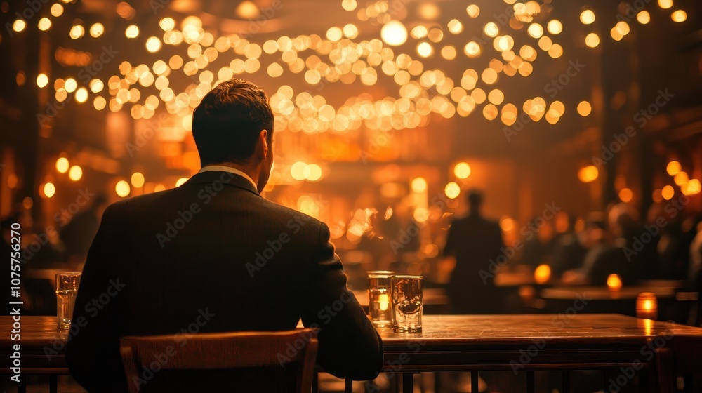 A man in a suit sits at a bar, illuminated by warm lights, creating a cozy, intimate atmosphere. A man in a suit sits at a bar, illuminated by warm lights, creating a cozy, intimate atmosphere.