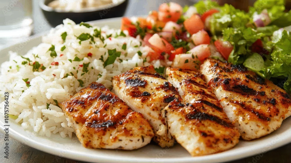 Grilled chicken, rice, and salad on a plate. Perfect for a healthy and delicious meal. Grilled chicken, rice, and salad on a plate. Perfect for a healthy and delicious meal.