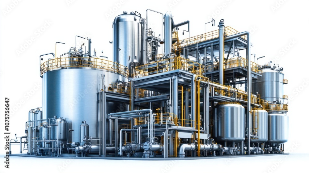 Chemical processing plant with large vats, metallic pipes, and industrial machinery in operation, isolated on white Chemical processing plant with large vats, metallic pipes, and industrial machinery in operation, isolated on white